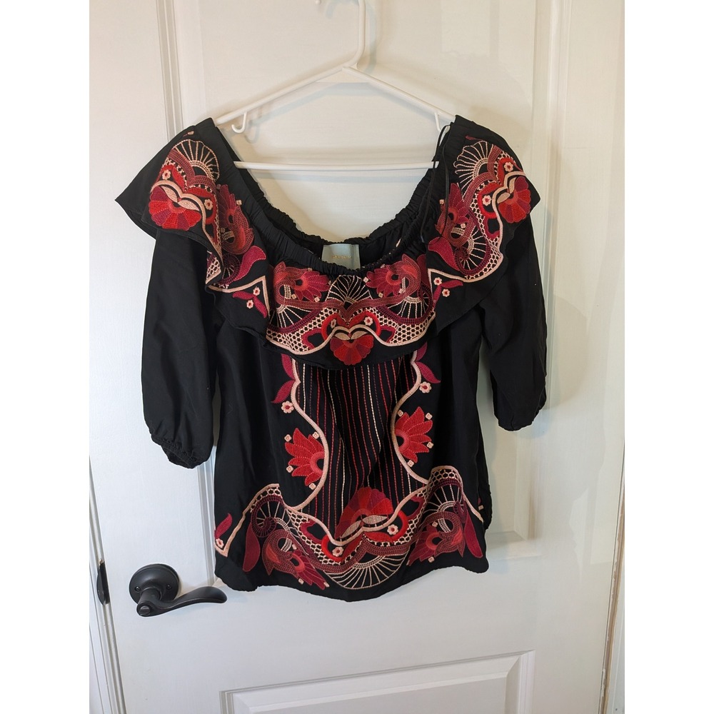 Skies‎ Are Blue Black Embroidered Floral Off Shoulder Ruffle Blouse Top Medium